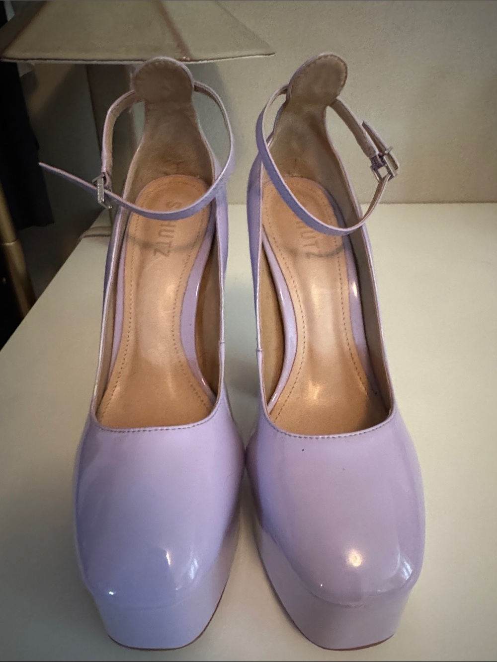 Patent Lilac Platform Pumps with Ankle Strap